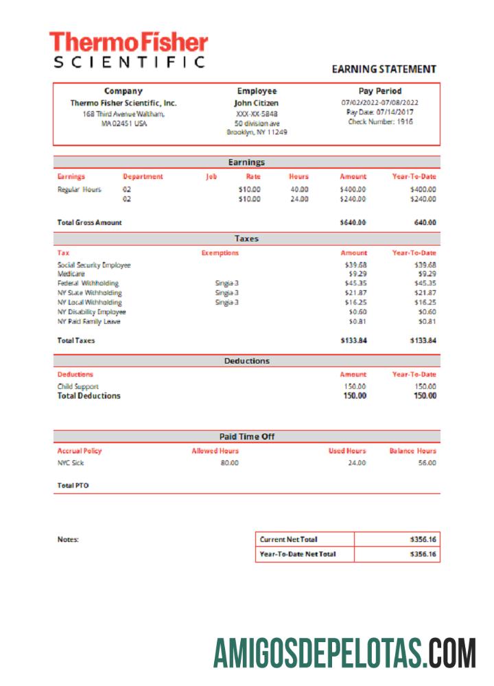 Recibo de pagamento da empresa de instrumentos de laboratório científico Thermo Fisher dos EUA exemplo